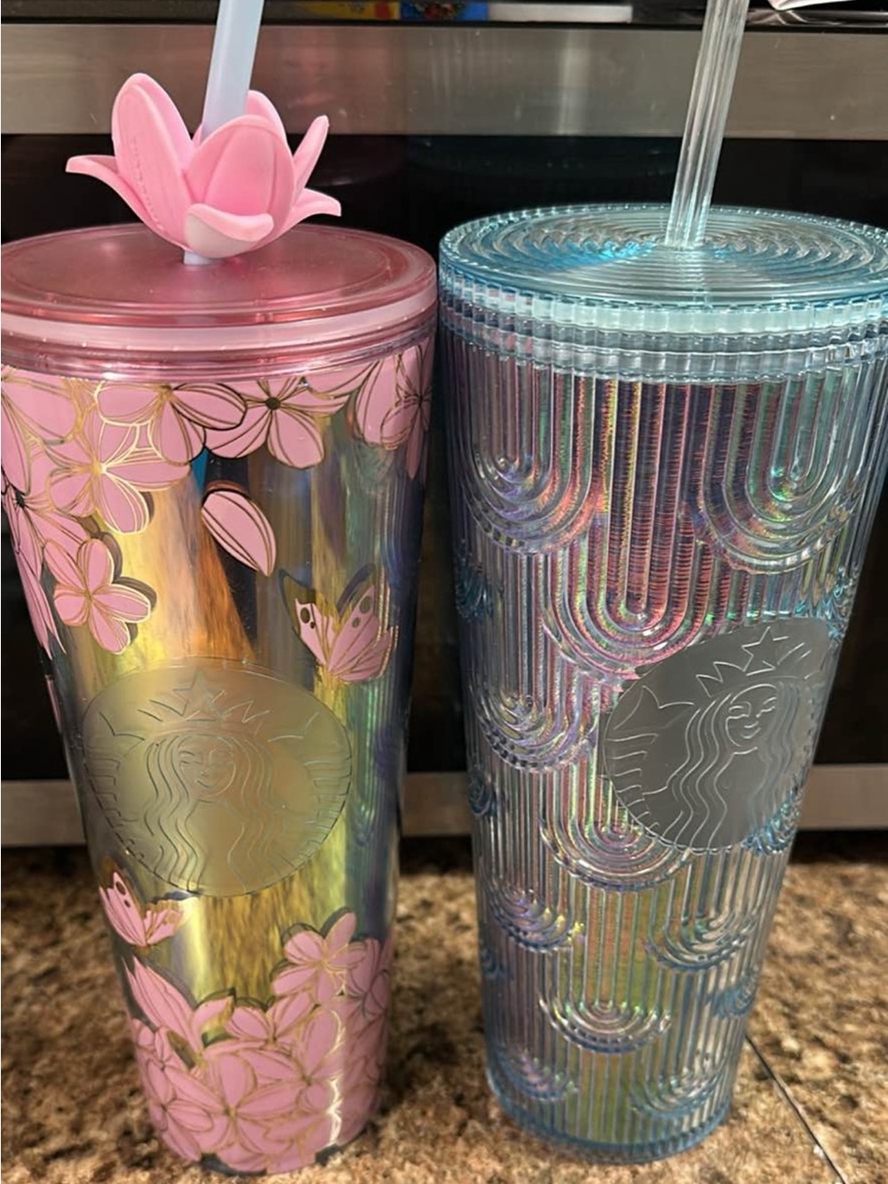 Starbucks Iridescent Pink Floral & Blue Holographic Tumbler Duo